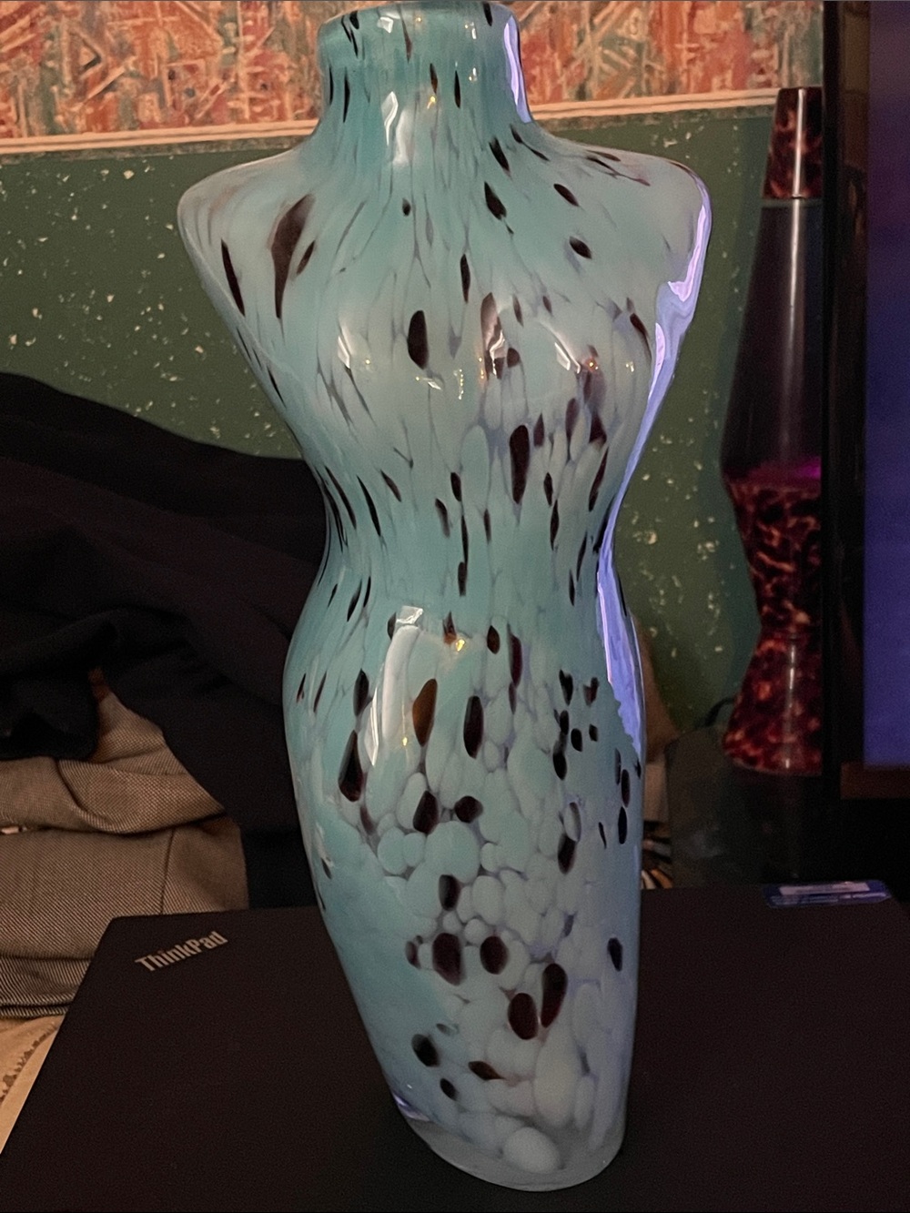 Blown glass blue black Speckled women’s silhouette Glass Vase